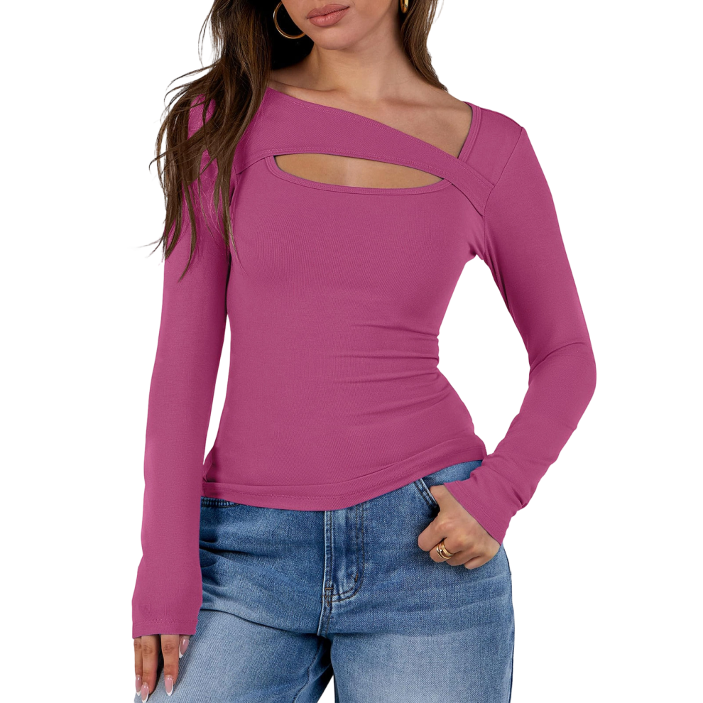 Women's openwork top, fashionable and sexy-Rose Red L