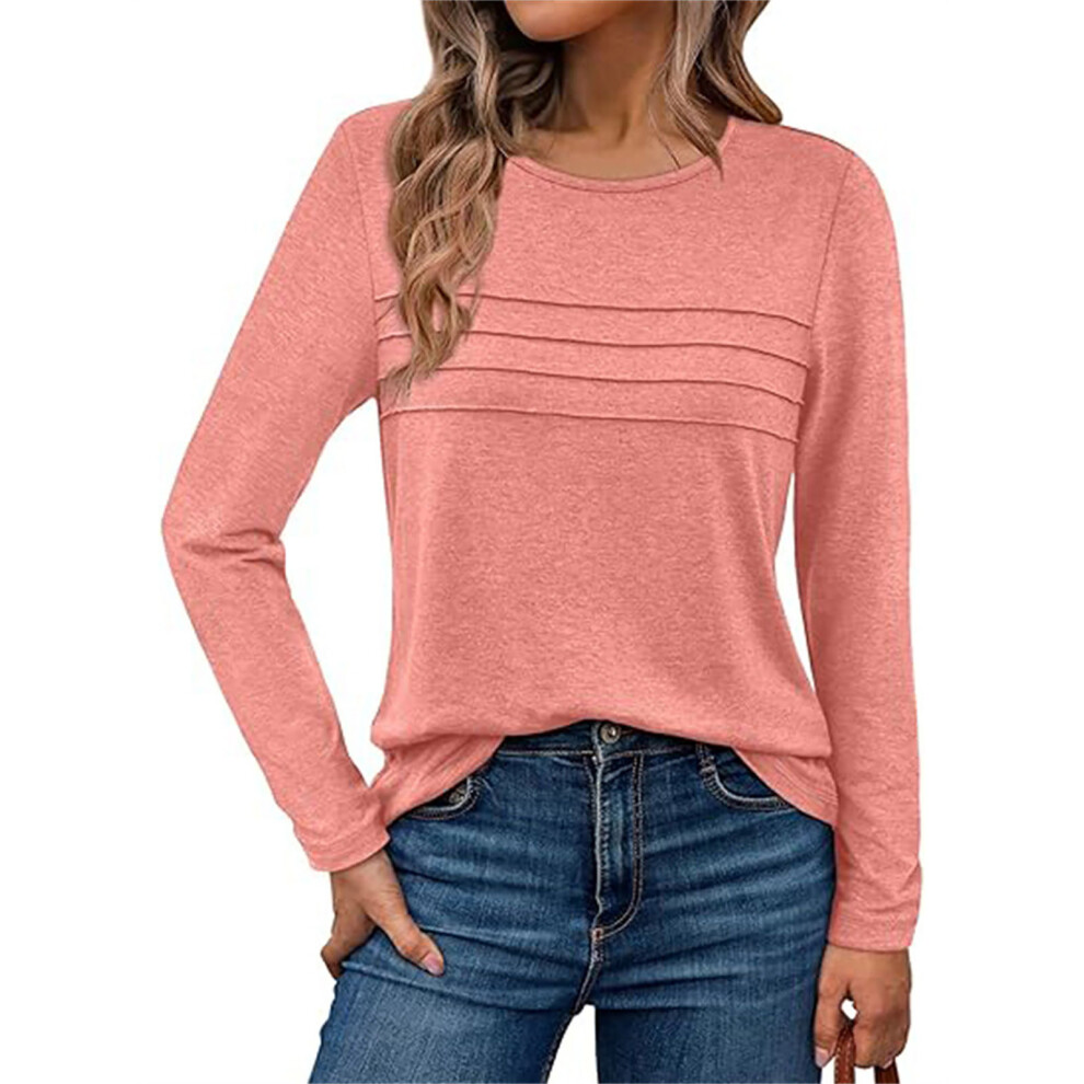 Red Women's Long-Sleeved Shirt, Casual Round Neck,-Coral Xxl