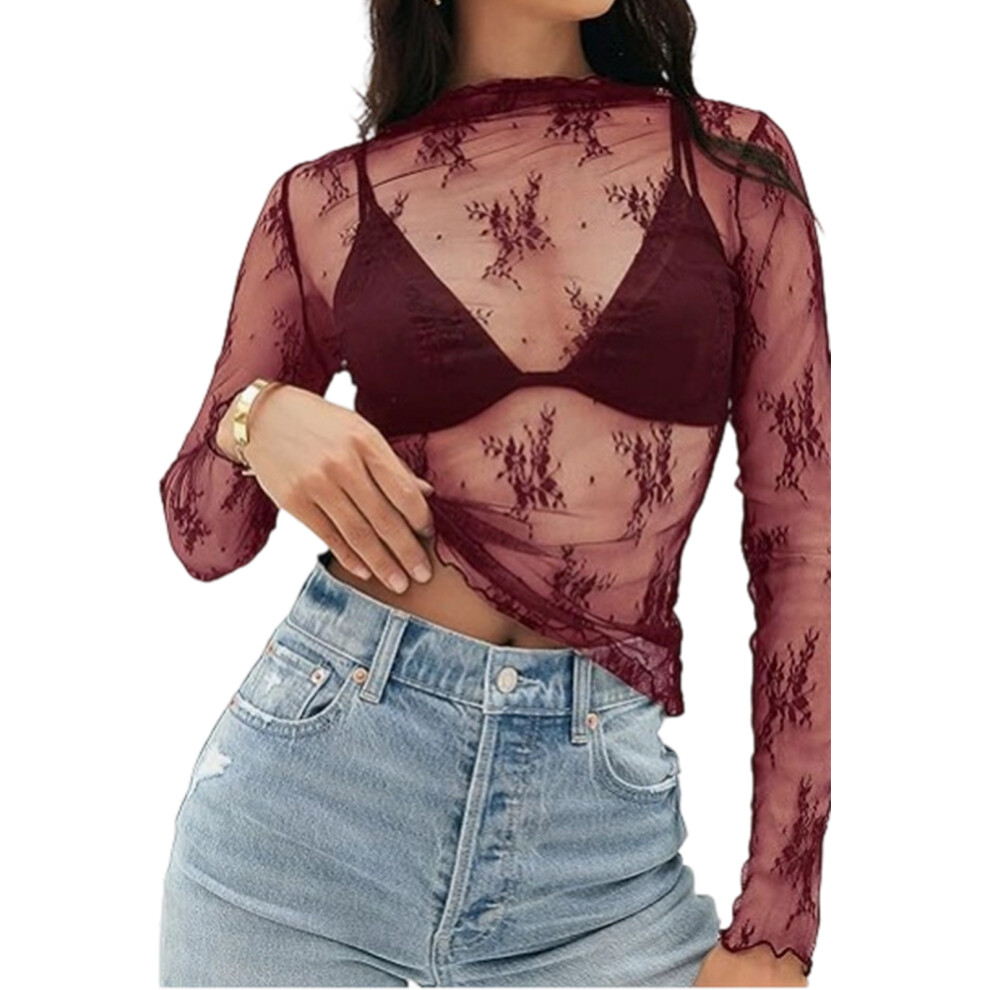 Lace Mesh Long Sleeve Sheer Tops for Women Mock-Burgundy XXL