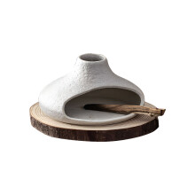 Decorative Little Stack Pot With Natural Wood Base To-White