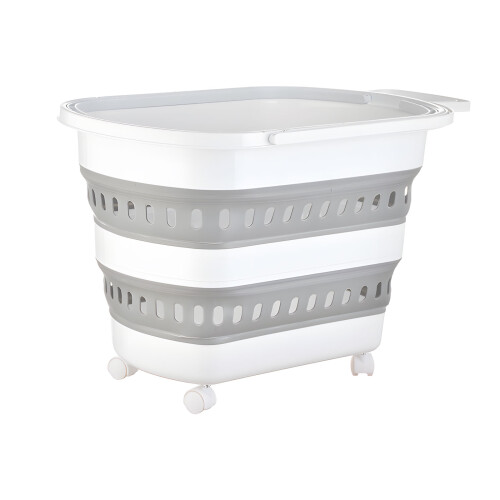 Foldable Laundry Basket With Wheels And Extendable Handle For