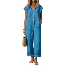 Jumpsuits for Women Sleeveless V Neck Button Wide Leg-Blue L