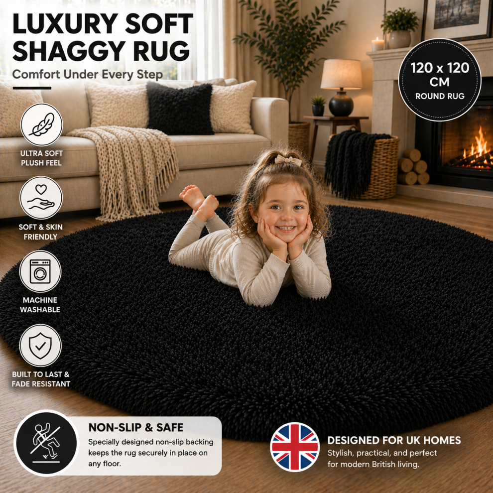 Yorkshire Bedding (120X120cm Round, ) Shaggy Rug-Non Slip Faux Fur Extra Large Area Rugs For Livingroom Bedroom Carpet Black