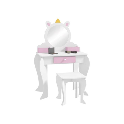Unicorn-Design Kids Dressing Table, with Mirror and Stool - White