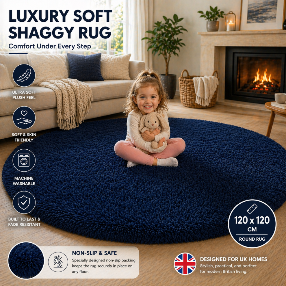 Yorkshire Bedding (120X120cm Round, Navy) Shaggy Rug-Non Slip Faux Fur Extra Large Area Rugs For Livingroom Bedroom Carpet Blue