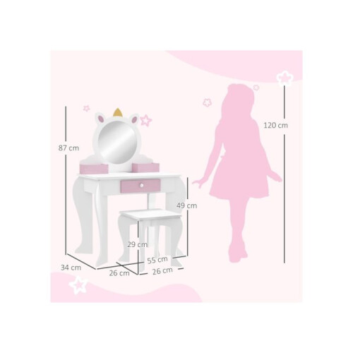 Unicorn-Design Kids Dressing Table, with Mirror and Stool - White 2