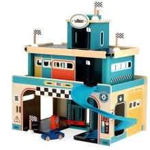 Houten garage - VILAC - Vintage houten garage Vilacity - 1 houten auto - 4 vlaggen - 46x29x45 cm