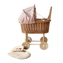 Cesta de mimbre - Egmont Toys - Mariquita - Capota plegable - Almohada bordada - Forro de algodón