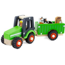 Wooden toy - Ulysses - Green tractor and trailer - 3 figurines - Rubber wheels - 12 months and up