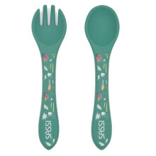 Sassi Junior | Sassi Junior | Set aus Silikon-Gabel und -Löffel Tiere Grün Pfau - 14 x 33 cm FUCHS