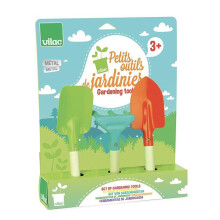 Set de 3 outils de jardinage pour enfant VILAC en bois et métal - pelle, rateau, binette - vert