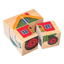 Associatiespeelgoed - SELECTA - Beeldcubes De boerderij - 4 esdoornhouten cubes - Multicolor - Vanaf 24 maanden