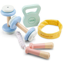 Conjunto de fitness em madeira - New Classic Toys - 3 anos - 2 halteres - Kettlebell - Corda de pular