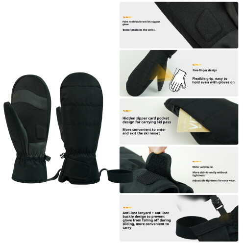 Windproof Waterproof Winter Ski Gloves With Zippered-L Black 2