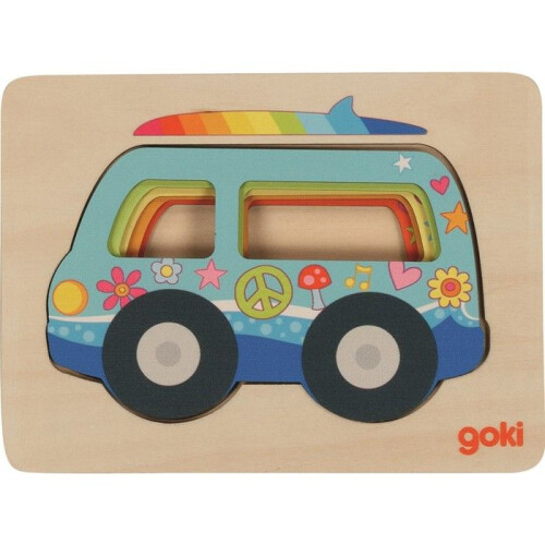 Wooden Puzzle - GOKI - Layered Puzzle Van - 5 Nesting Vehicles - Blue - Develops Dexterity 1