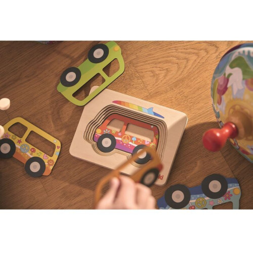 Wooden Puzzle - GOKI - Layered Puzzle Van - 5 Nesting Vehicles - Blue - Develops Dexterity 2