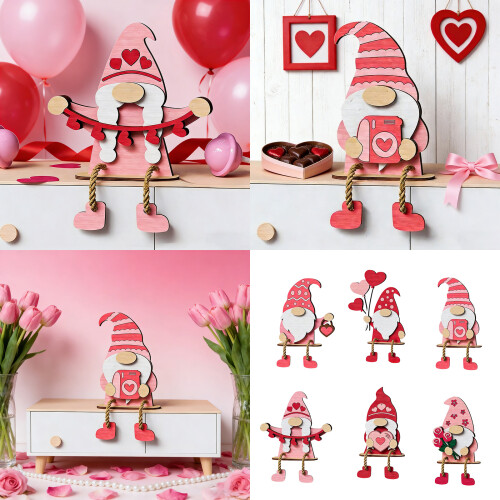 Valentines Gnomes Shelf Sitters with Dangling Legs Wooden-E 2