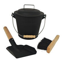 Secchio per cenere con set di spazzola e pala, ferro nero
