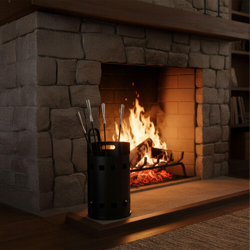 Fireplace Tool Set with Holder - Wrought Iron, 5-Piece 1
