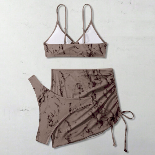 Damen-Bikini-Set, 3-teiliger Badeanzug mit Überrock,-braun L 2