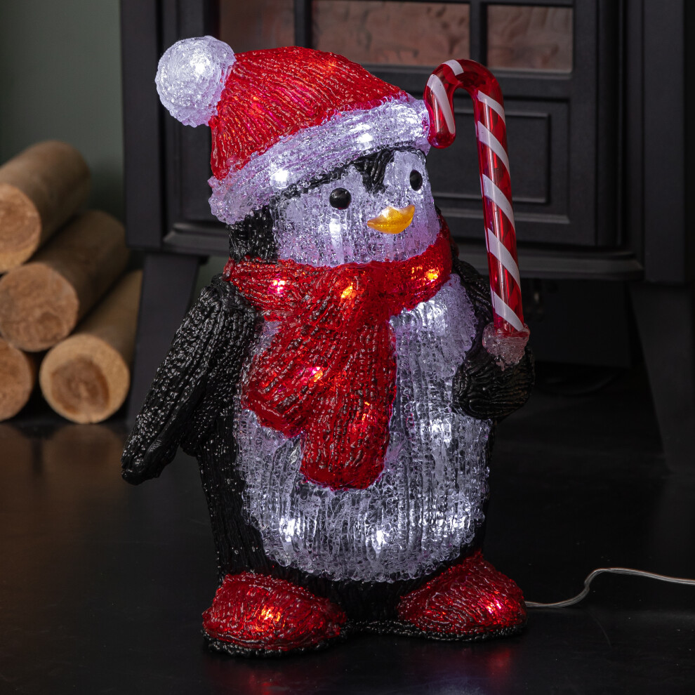 Premier 30Cm Up Acrylic Christmas Penguin With Candy Cane Decorations & Leds Light/White