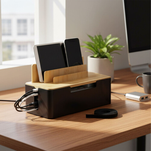 Bamboo Cable Organizer Box with Phone & Tablet Holders 1