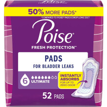 Poise Incontinence Pads & Postpartum Incontinence Pads, 6 Drop Ultimate Absorbency, 52 Count, Packaging May Vary (Regular Length)
