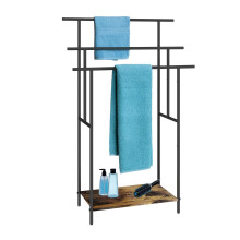 Industrial Towel Stand with Shelf - Black Metal, Wood Finish