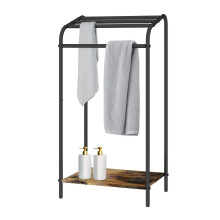 Industrial Towel Stand with Shelf - Black Metal & Wood