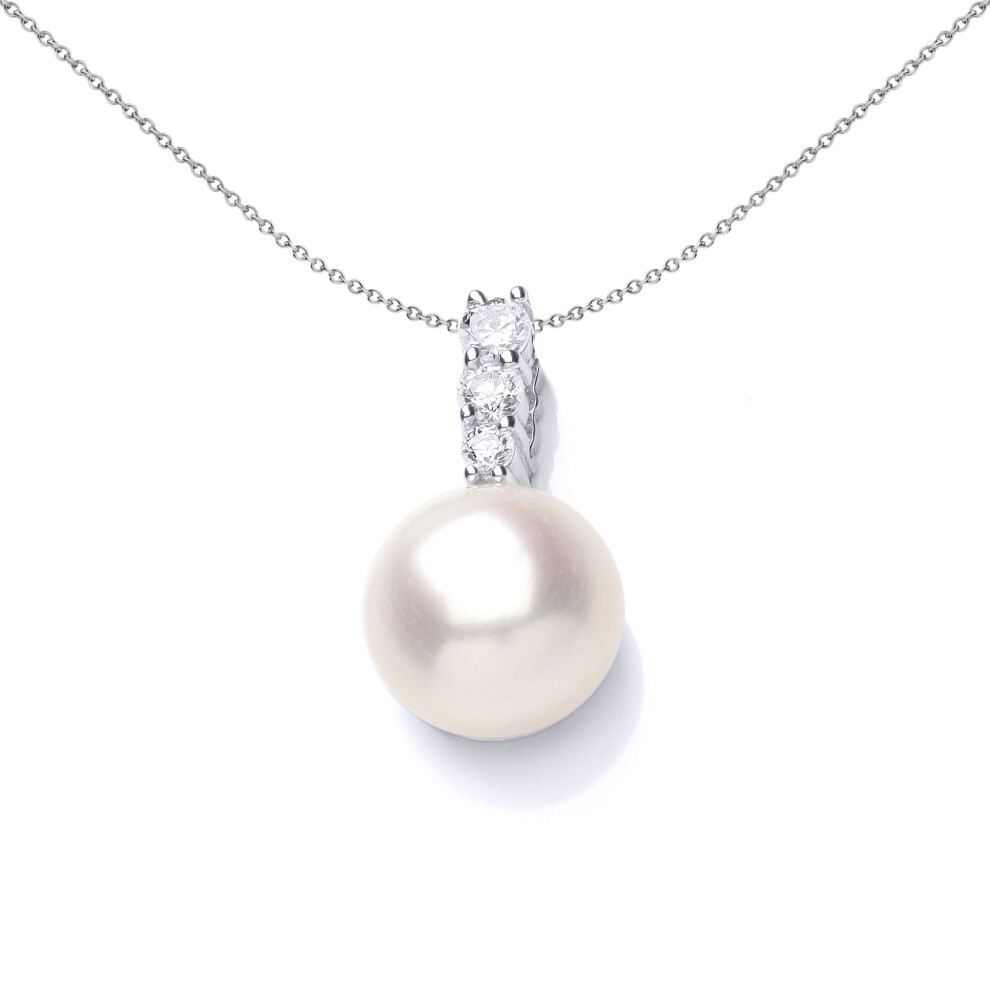 Jewelco London Sterling Silver Cz & Freshwater Cultured Pearl Full Moon Trilogy Bail Pendant Necklace 10Mm - Gvp547