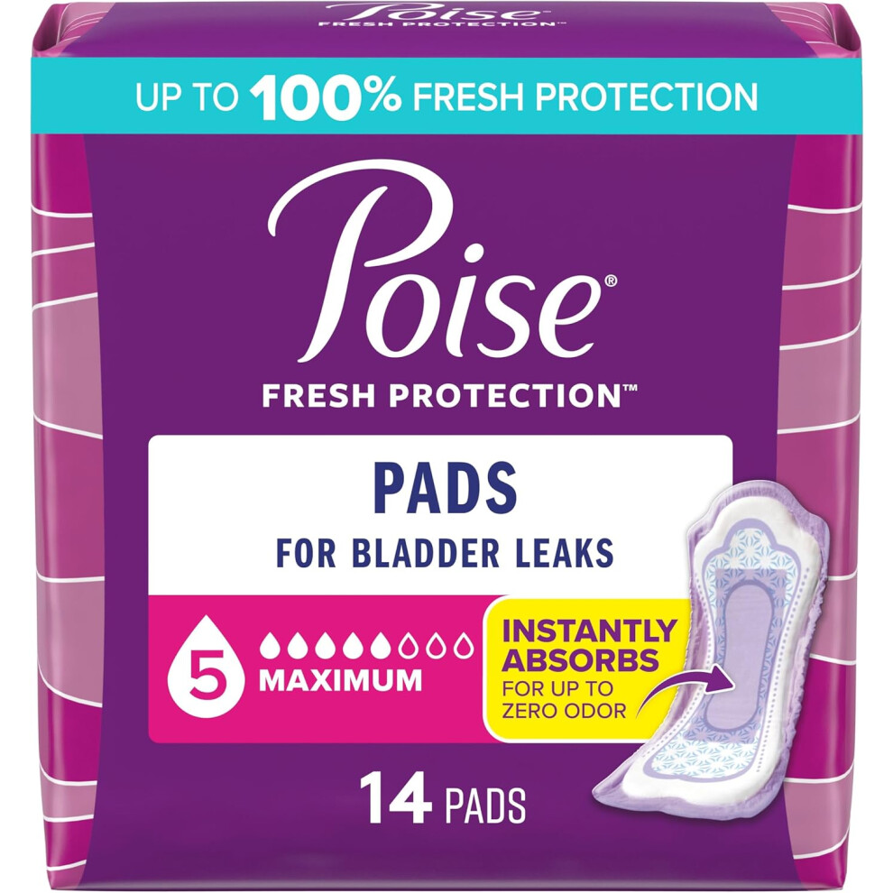 Poise Incontinence & Postpartum Pads For Bladder Leaks, 5 Drop Maximum Absorbency, Regular Length, 14 Count, Packaging May Vary (Regular Length)