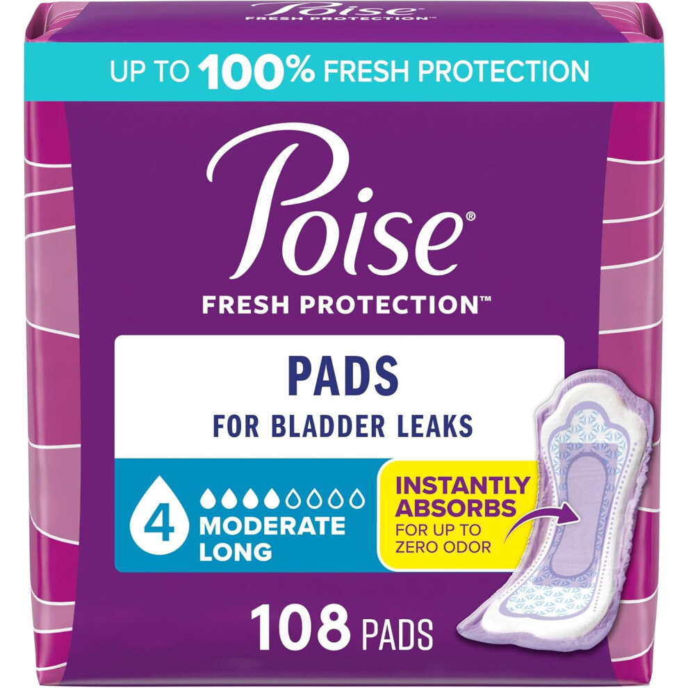 Poise Incontinence & Postpartum Pads For Bladder Leaks, 4 Drop Moderate Absorbency, 108 Count, Packaging May Vary (Long Length)