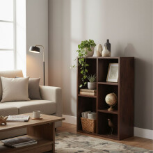 Vintage boekenkast met 5 planken en houtnerffineer.