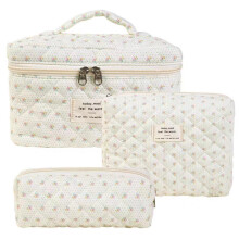 3-teiliges Set gesteppter Kosmetiktaschen aus Baumwolle mit Blumenmuster, große Reise-Kulturbeutel für Damen und Mädchen