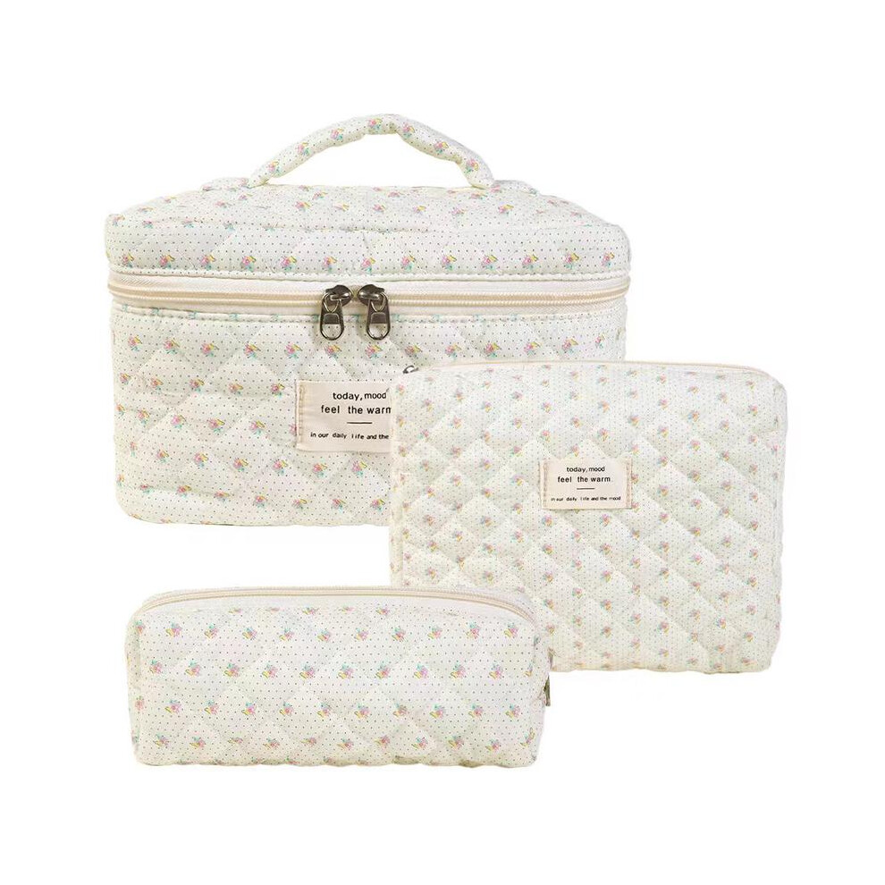 3PCS Quilted Floral Cotton Cosmetic Bag Large Travel Toiletry Makeup Bag for Women and Girls