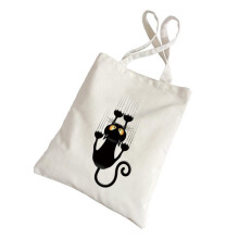 Canvas-Tragetasche mit schwarzem Katzenmotiv, praktische Cartoon-Schultertasche f眉r Einkaufen, Reise und Strand.