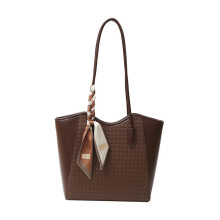 Elegante, geräumige Tragetasche mit Seidenschal-Dekor, ideal für den Arbeitsweg, kaffeefarbene Damen-Schultertasche