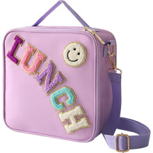 Isolierte Lunchtasche in Lila mit Smiley-Design, groß & wiederverwendbar, verstellbarer Tragegurt, perfekt für Schule und Picknick.