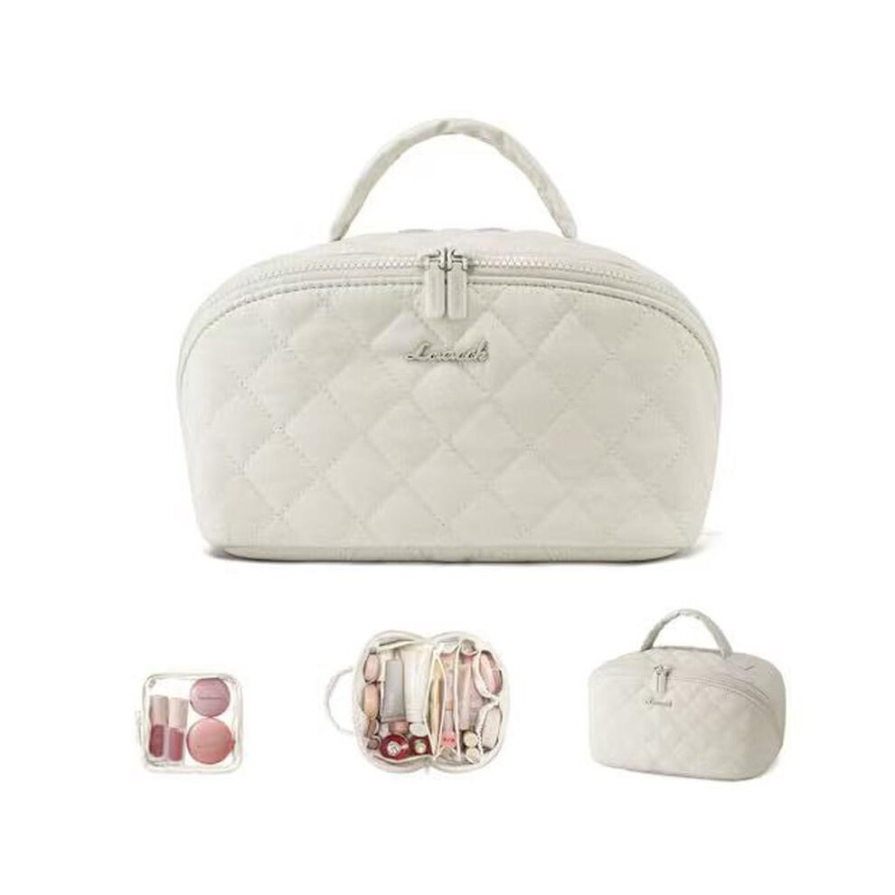 1Pcs Puffer Travel Makeup Bag, Waterproof Open Flat Cosmetic Organizer with Brush Compartment & Handle