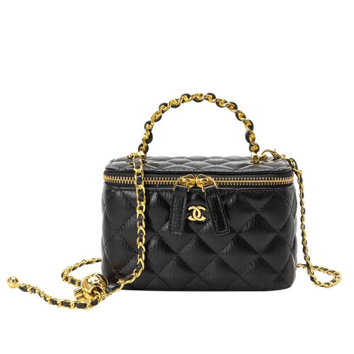 Bolsa transversal mini em couro de cordeiro acolchoado com alça de corrente e alça superior.