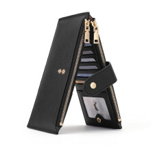 Slim RFID Blocking Wallet for Women, Thin Card Holder with 2 Zipper Pockets, Ladies Clutch Purse, Black