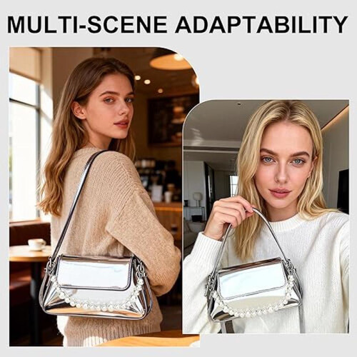 Y2K Metallic Silver Hobo Purse, Compact Evening Party Shoulder Bag 2