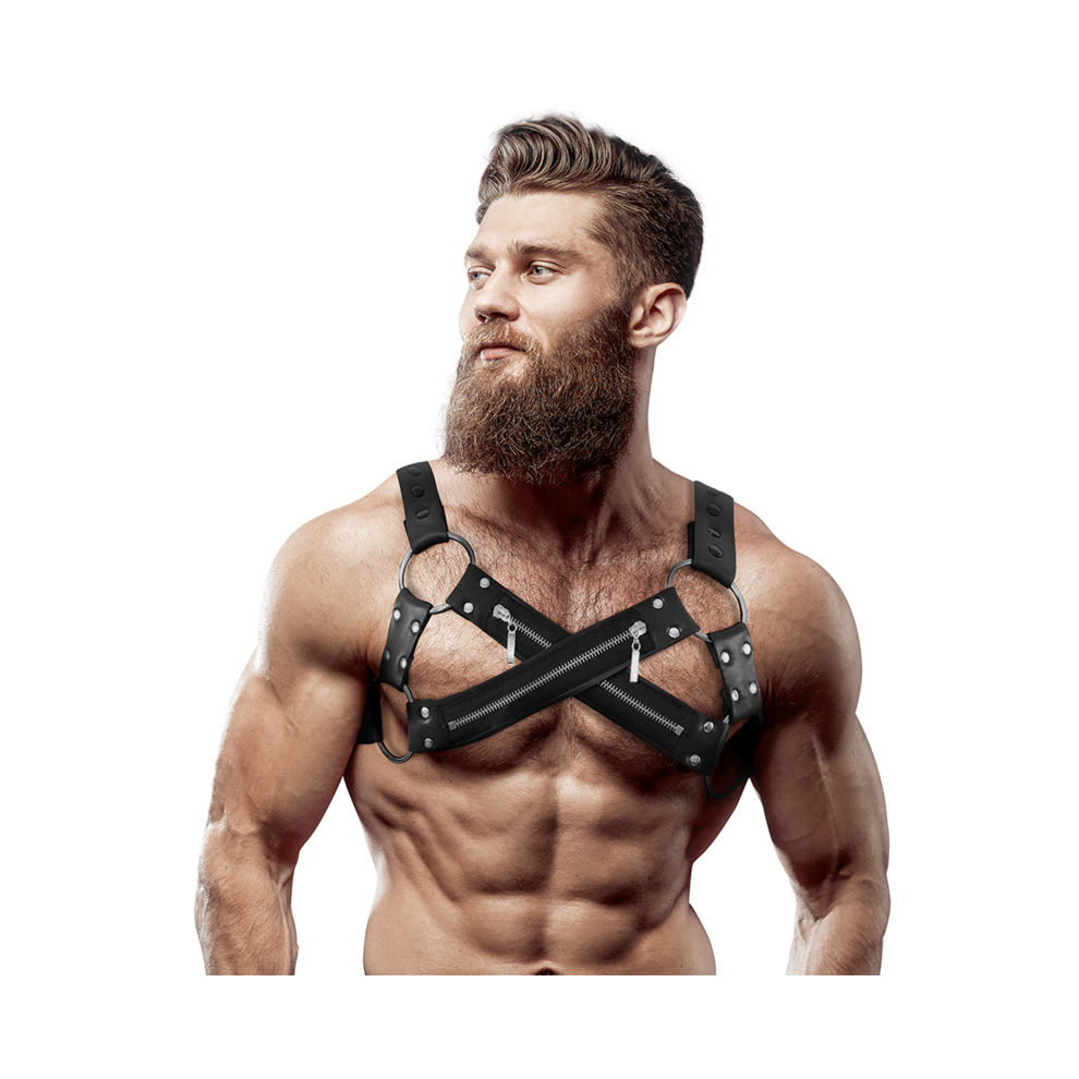 Fetish Submissive Attitude - Adjustable Neoprene Cross-Over Chest Bulldog Harness With Zippers For Men