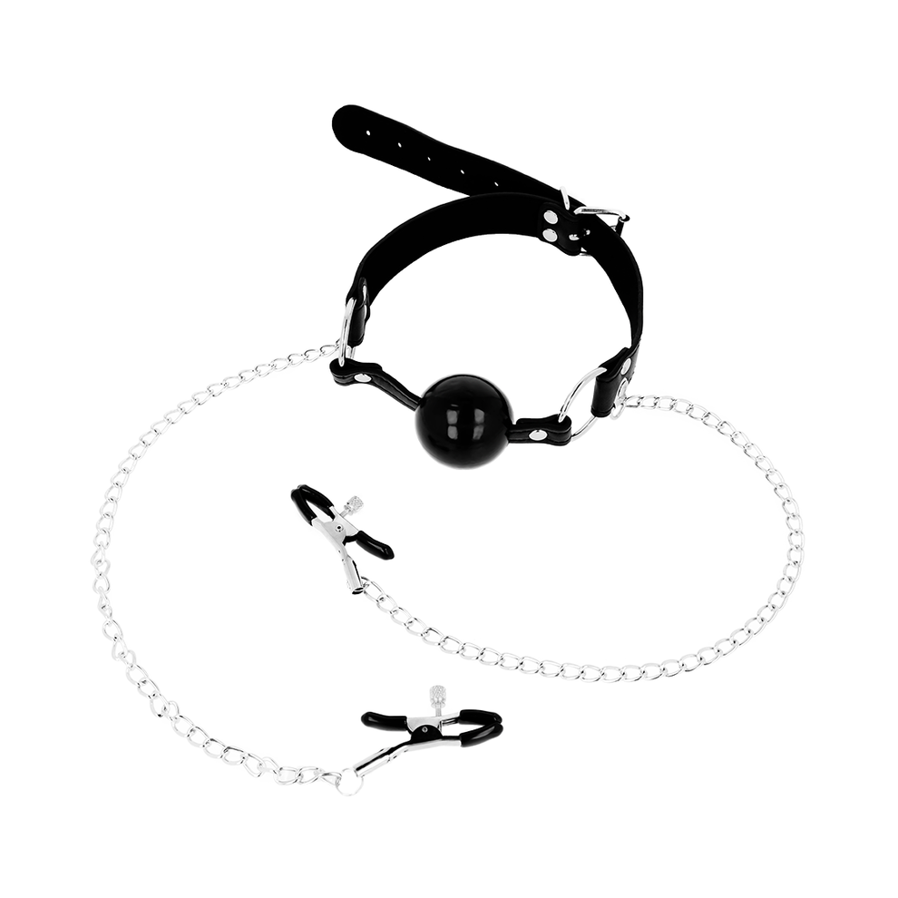 Ohmama Fetish Black Ball Gag With Nipple Clamps