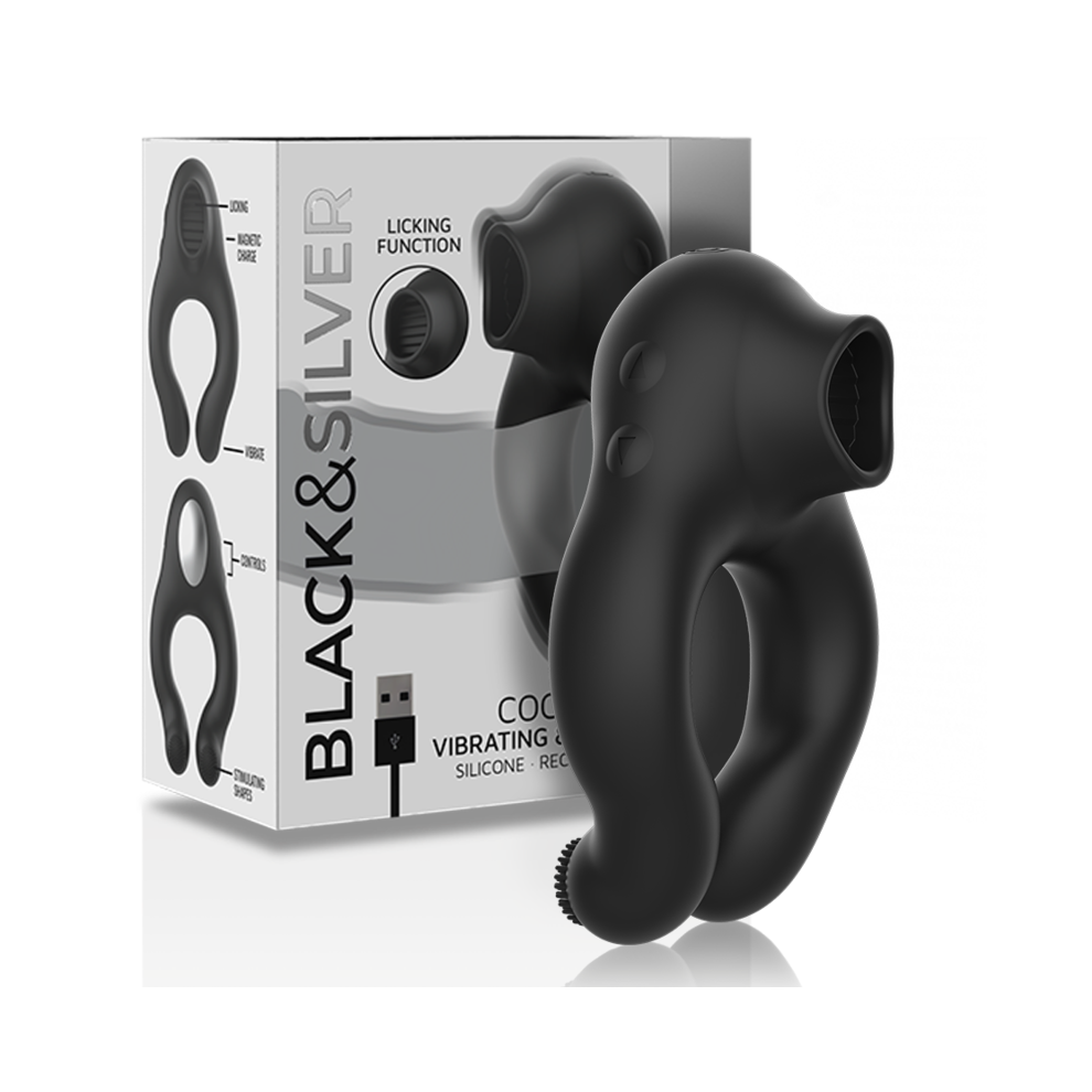 Black&Silver Black/Silver & - Silicone Vibrator Ring 3 Motors Rechargeable