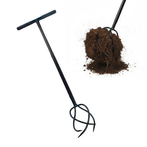 Ancinho de jardim com cabo e 4 dentes em espiral