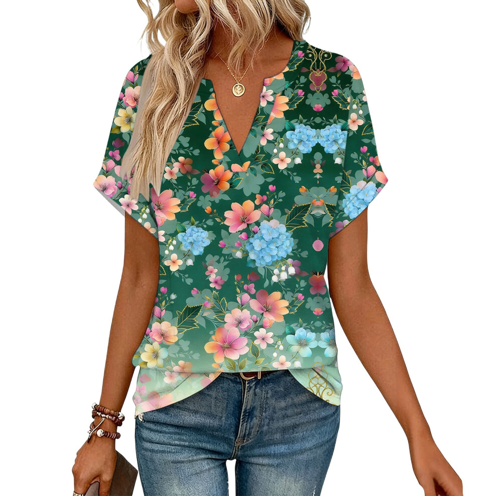 Green Women's Short Sleeve V-Neck Blouses, Work Blouses,- S