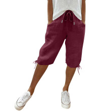 Women's Linen Shorts Wide Leg High Elastic Knee-Burgundy XL