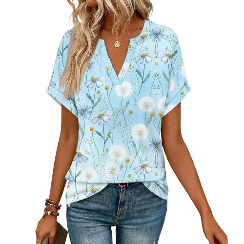 Women's Short Sleeve V-Neck  Blouses, Work Blouses,-Blue S