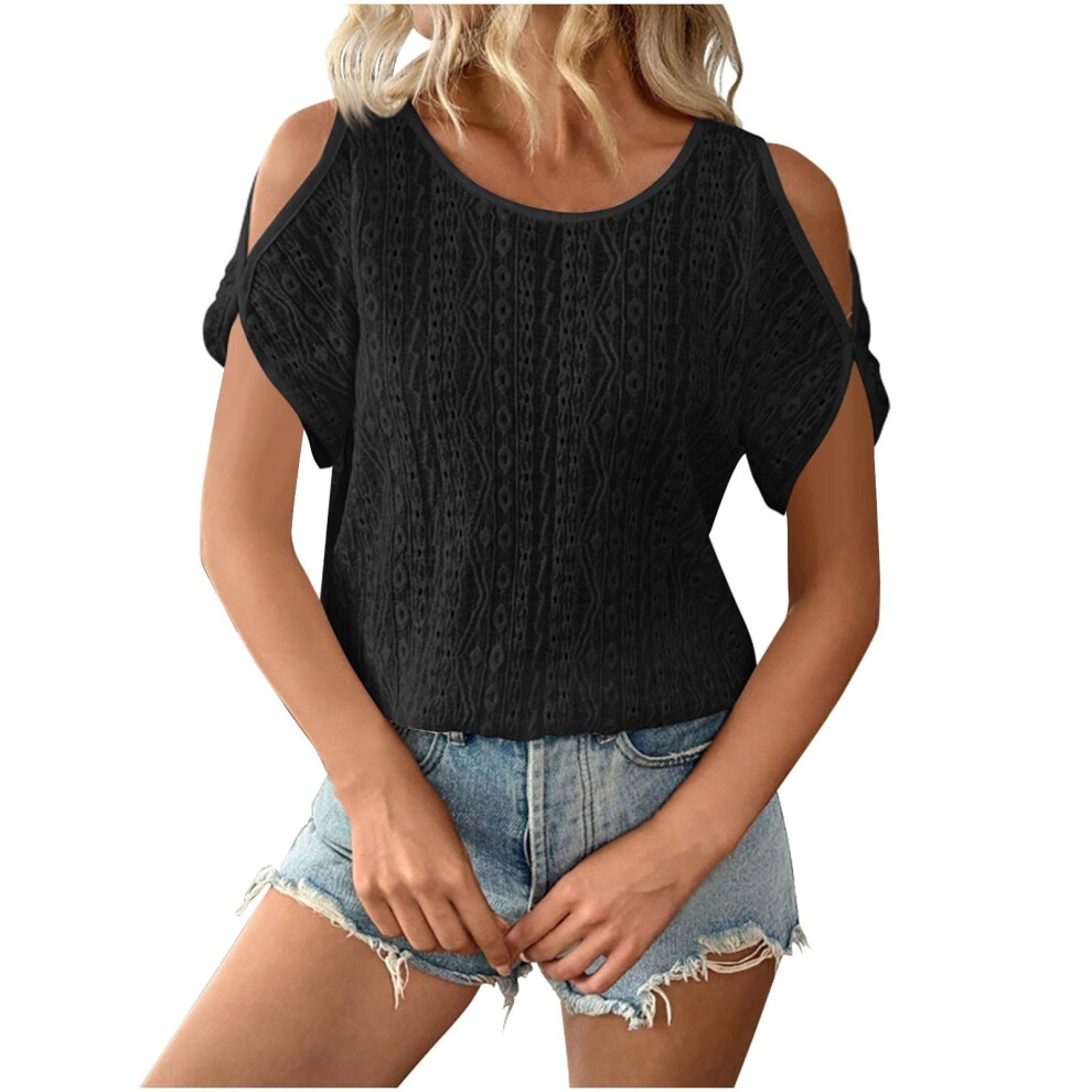 Black Off The Shoulder Tops For Women Short Sleeves Crewneck- M